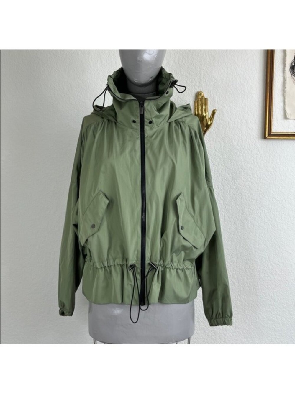 Zara Sage Anorak Hooded Bomber Cinch Waist Rain Slicker Green Outerwear